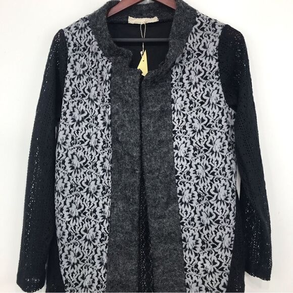 A’reve Gray Black Felted Wool Floral Lace Panel Long Sleeve Tunic Cardigan - Picture 3 of 16